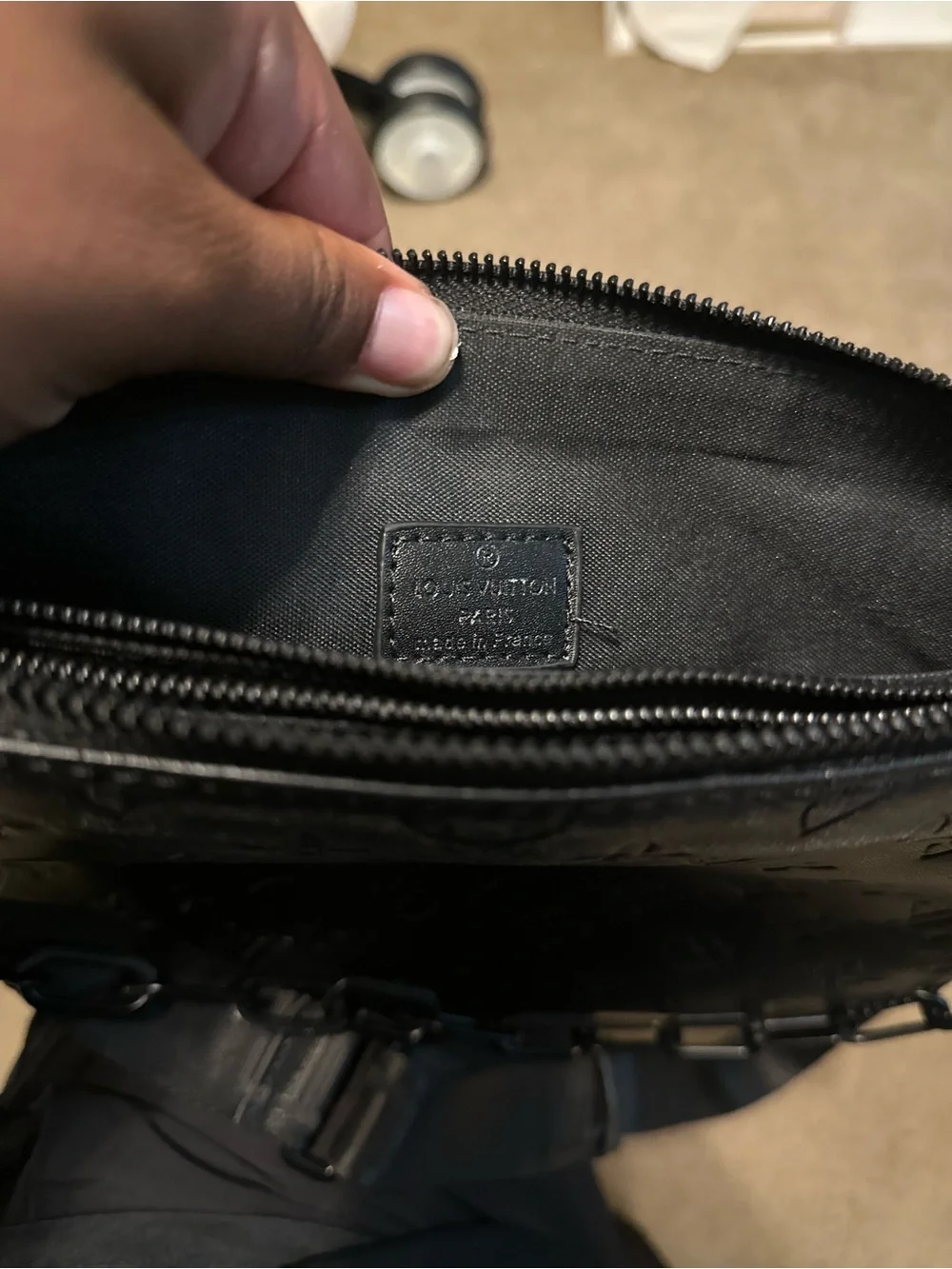 Black Embossed Monogram Messenger Pouch with Strap